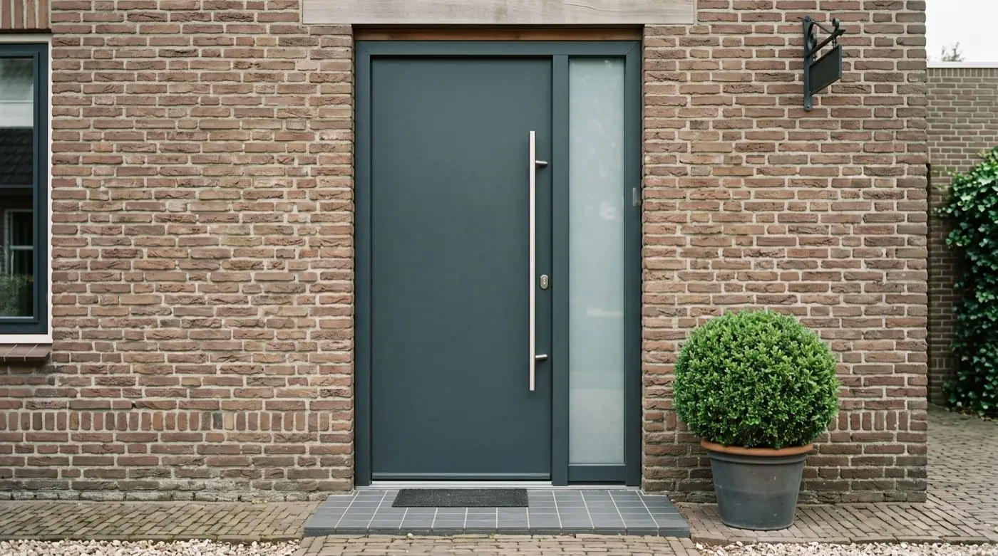 Antracietgrijze voordeur met smal glaspaneel en lange rvs greep