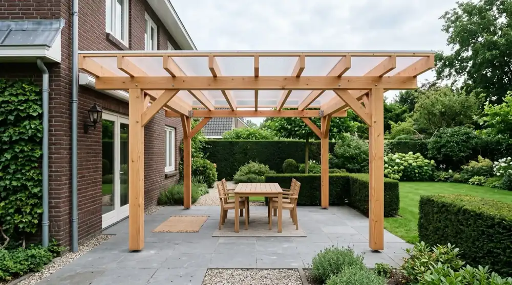 Douglas overkapping met zichtbare gordingen boven een terras