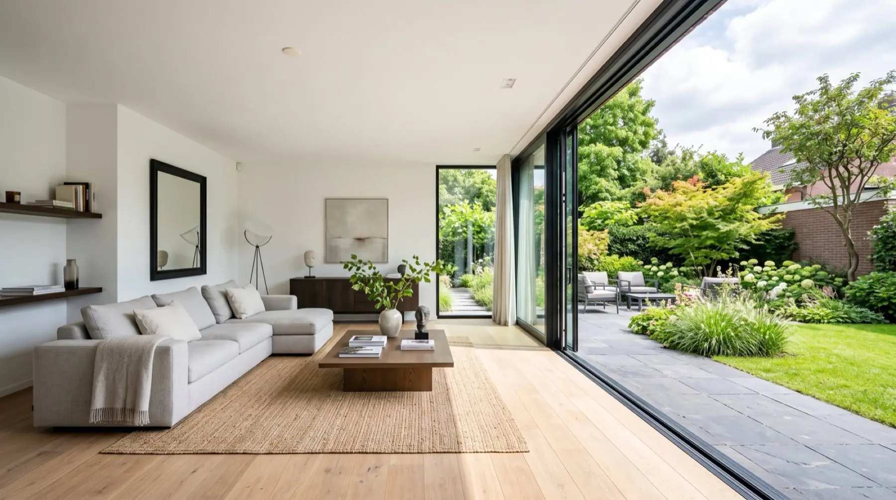 Woonkamer met een aluminium schuifpui die uitkijkt op de tuin