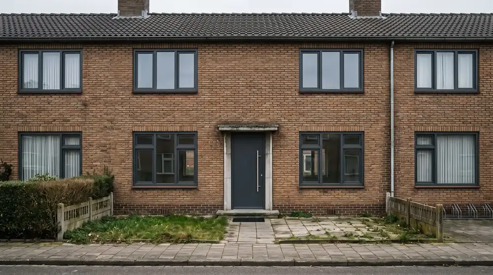 Dezelfde gevel na plaatsing van nieuwe antracietgrijze kunststof kozijnen