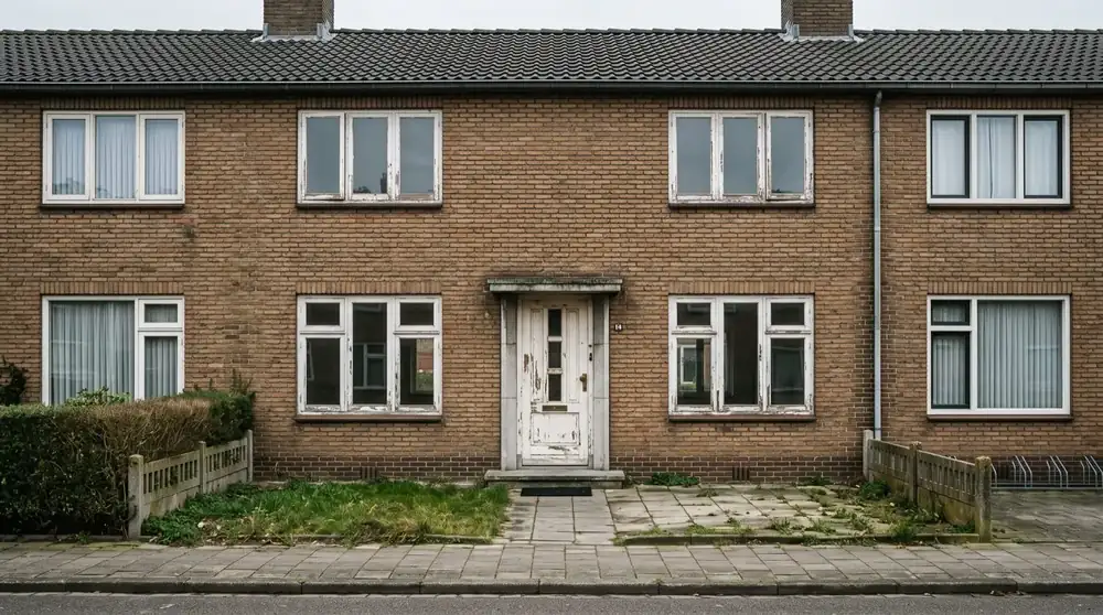 Gevel met oude houten kozijnen en afbladderende verf